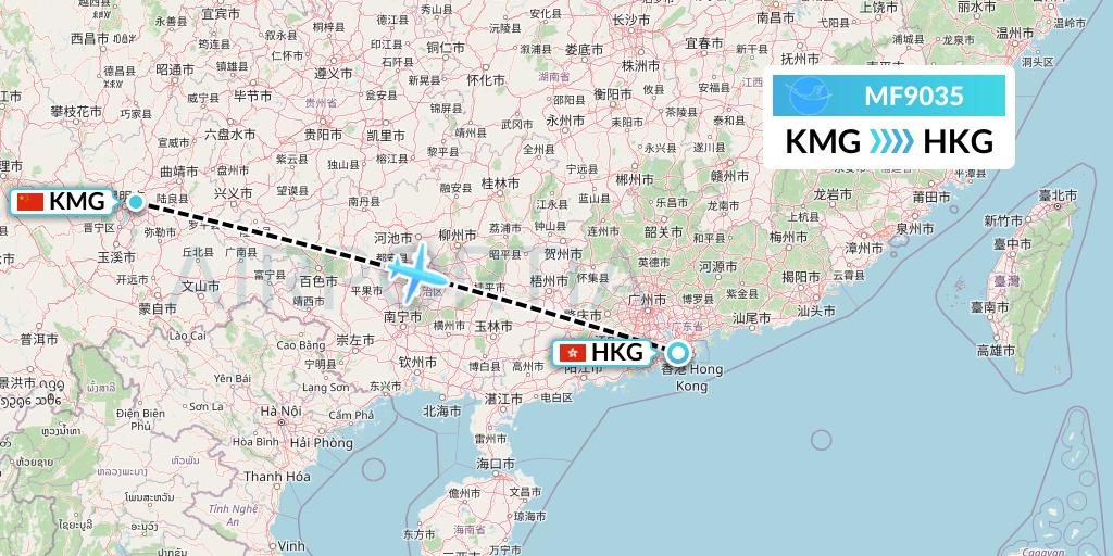 MF9035 Xiamen Airlines Flight Map: Kunming to Hong Kong