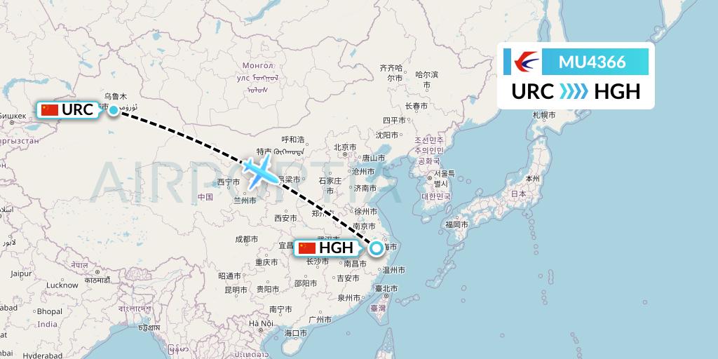 MU4366 China Eastern Airlines Flight Map: Urumqi to Hangzhou