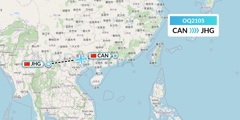 OQ2105 Chongqing Airlines Flight Map: Guangzhou to Jinghong