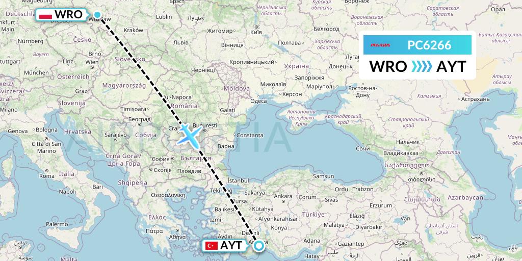 PC6266 Pegasus Airlines Flight Map: Wroclaw to Antalya
