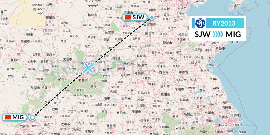 RY2013 Jiangxi Air Flight Map: Shijiazhuang to Mianyang