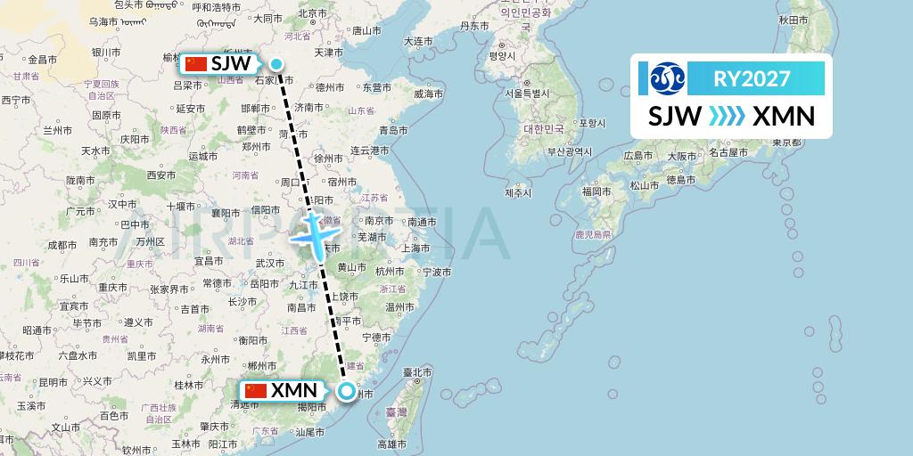 RY2027 Jiangxi Air Flight Map: Shijiazhuang to Xiamen
