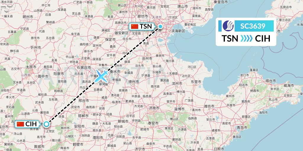 SC3639 Shandong Airlines Flight Map: Tianjin to Changzhi