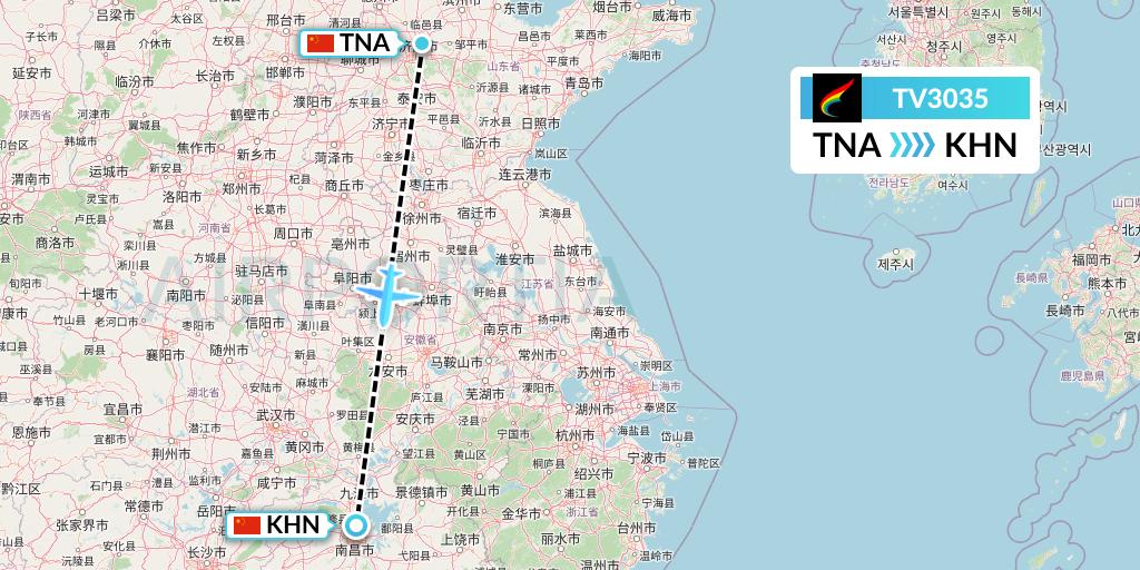 TV3035 Tibet Airlines Flight Map: Jinan to Nanchang