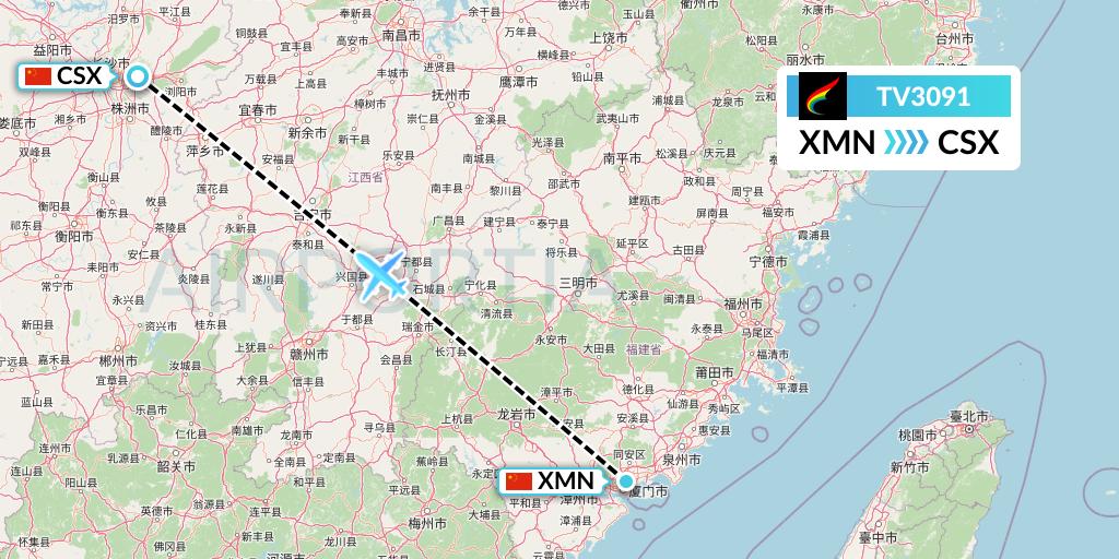 TV3091 Tibet Airlines Flight Map: Xiamen to Changsha
