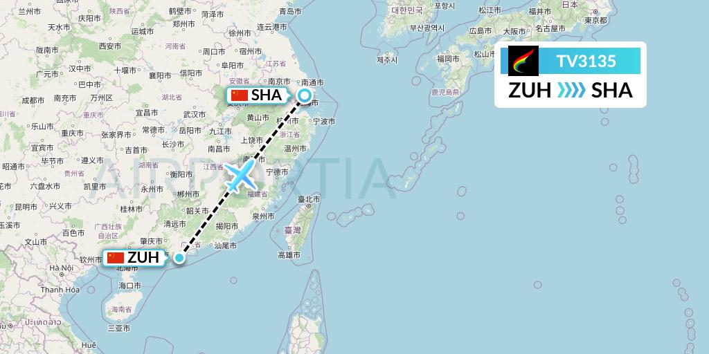 TV3135 Tibet Airlines Flight Map: Zhuhai to Shanghai