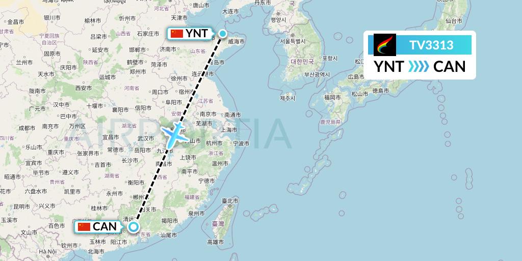 TV3313 Tibet Airlines Flight Map: Yantai to Guangzhou
