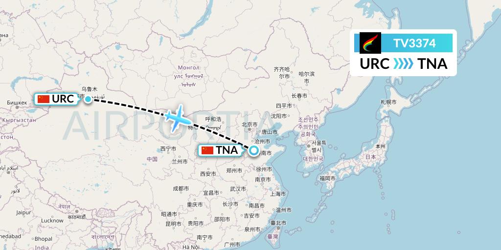 TV3374 Tibet Airlines Flight Map: Urumqi to Jinan