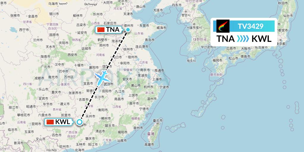 TV3429 Tibet Airlines Flight Map: Jinan to Guilin