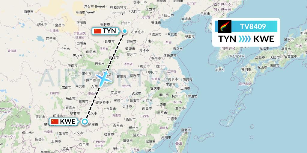 TV8409 Tibet Airlines Flight Map: Taiyuan to Guiyang