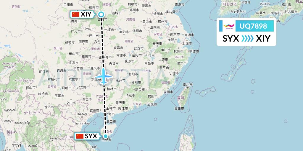 UQ7898 Urumqi Airlines Flight Map: Sanya to Xi'an