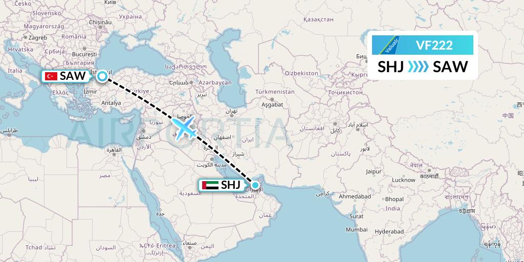 VF222 ValuAir Flight Map: Sharjah to Istanbul