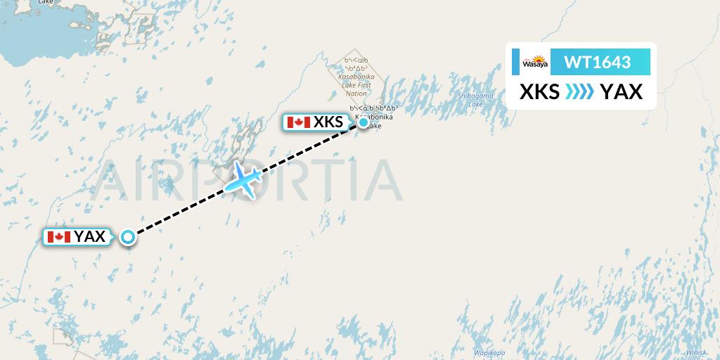 WT1643 Swiftair Flight Map: Kasabonika to Wapekeka