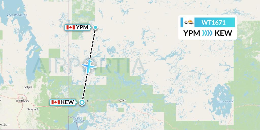WT1671 Swiftair Flight Map: Pikangikum to Keewaywin