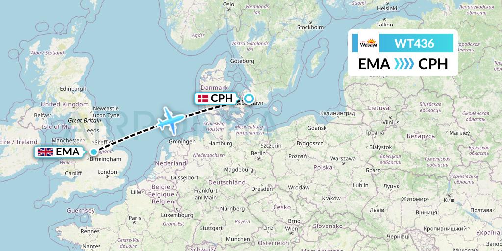 WT436 Swiftair Flight Map: East Midlands to Copenhagen