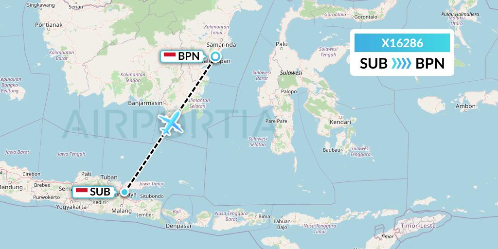 X16286 Nik Airways Flight Map: Surabaya to Balikpapan