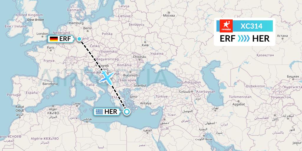 XC314 Corendon Airlines Flight Map: Erfurt to Heraklion
