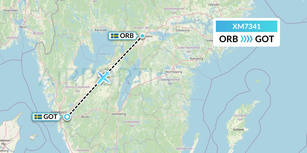 XM7341 Zimex Aviation Ltd Flight Map: Orebro to Gothenburg