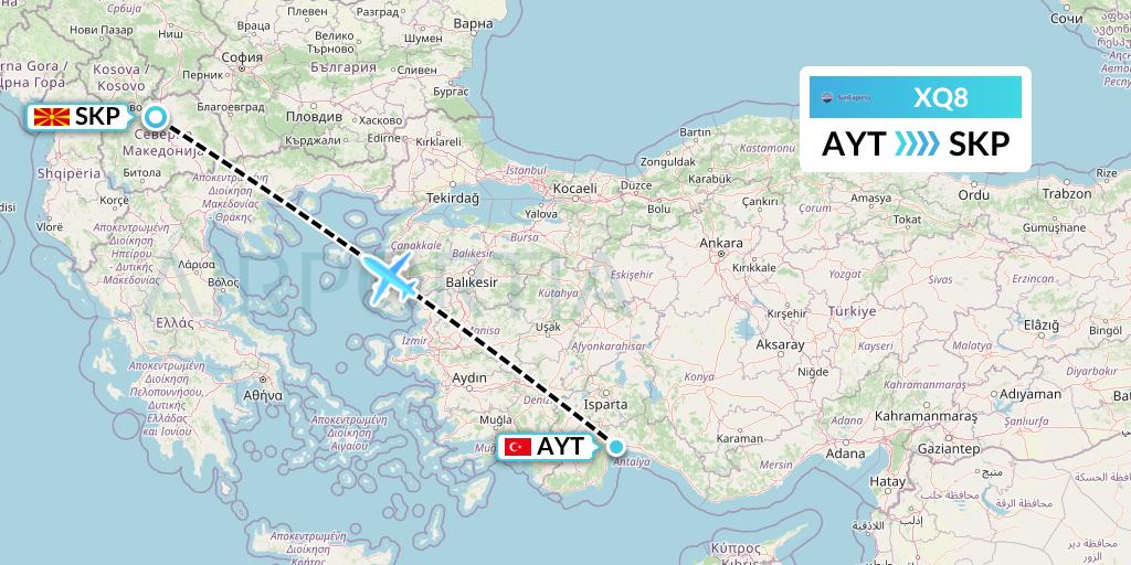 XQ8 SunExpress Flight Map: Antalya to Skopje