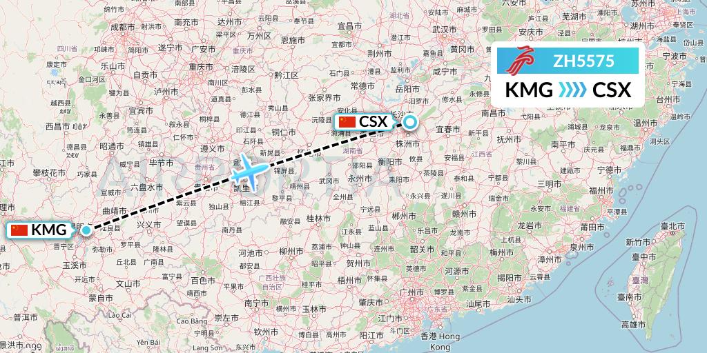 ZH5575 Shenzhen Airlines Flight Map: Kunming to Changsha