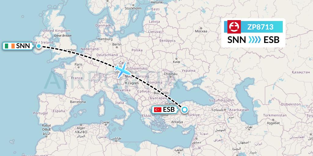 ZP8713 Paranair Flight Map: Shannon to Ankara
