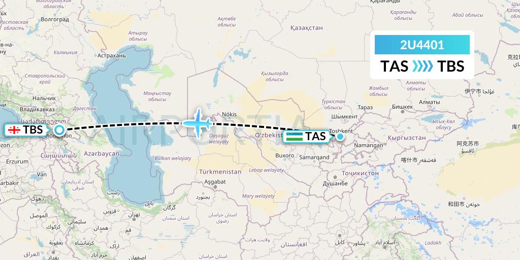 2U4401 Sun d'Or International Airlines Flight Map: Tashkent to Tbilisi