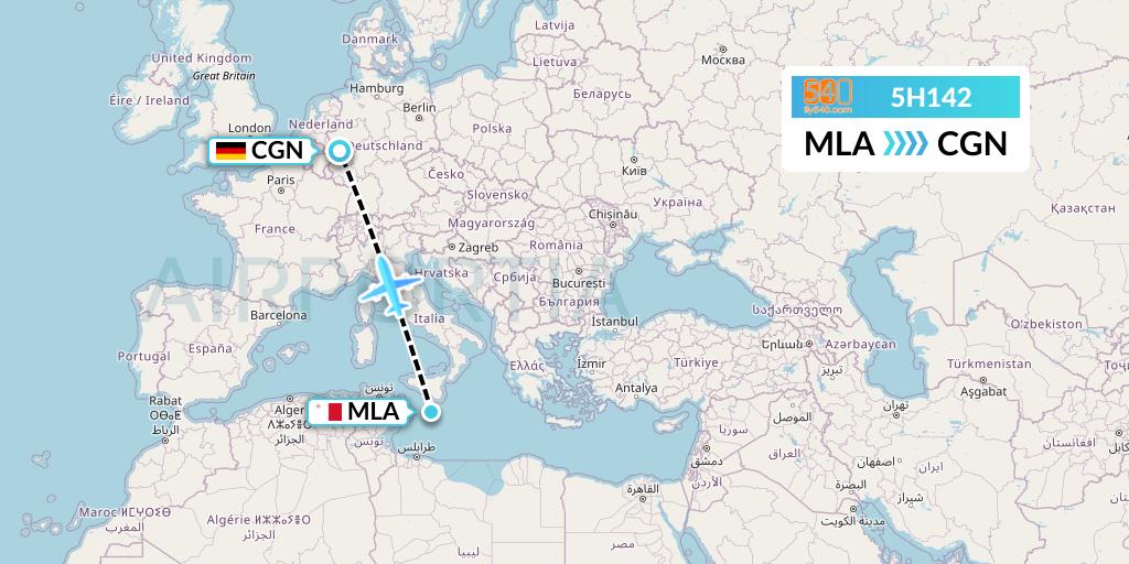 5H142 Fly540 Flight Map: Malta to Cologne