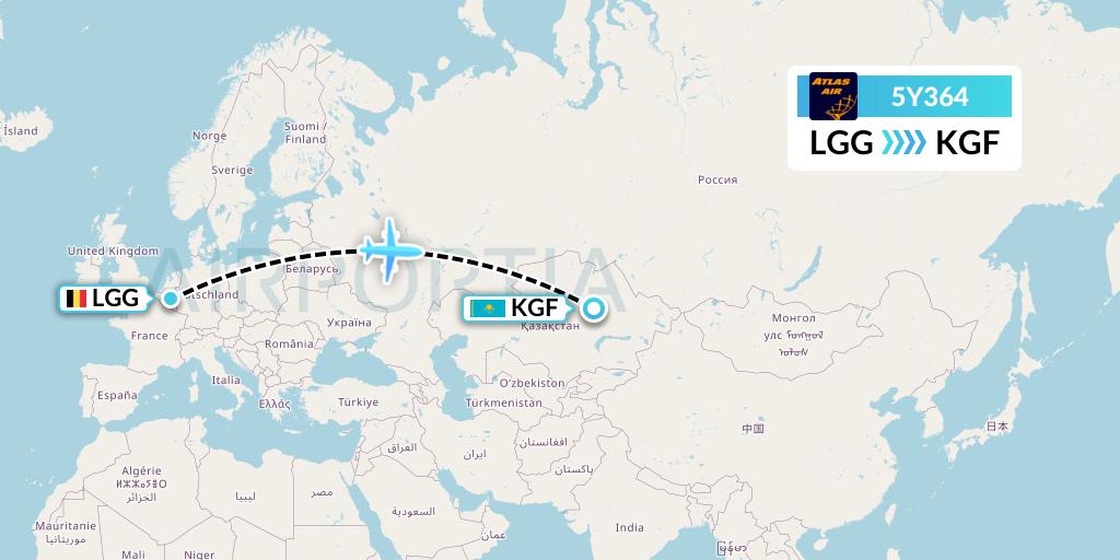 5Y364 Atlas Air Flight Map: Liege to Karaganda