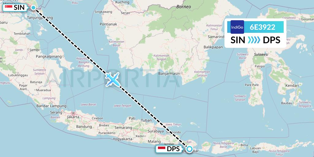 6E3922 IndiGo Airlines Flight Map: Singapore to Denpasar
