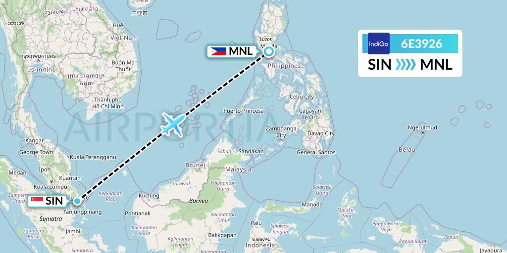 6E3926 IndiGo Airlines Flight Map: Singapore to Manila