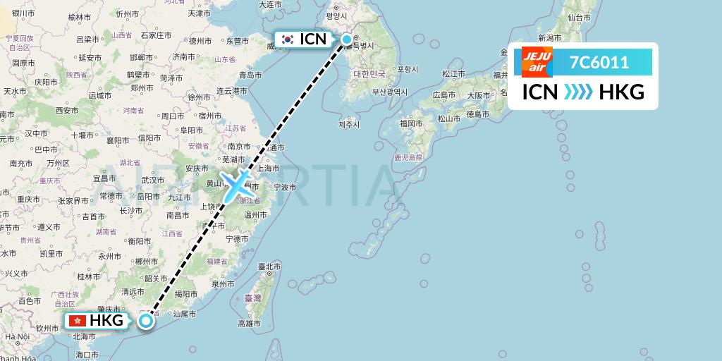 7C6011 Jeju Air Flight Map: Seoul to Hong Kong
