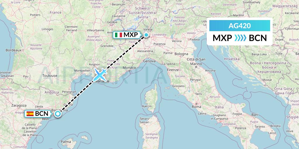 AG420 Aruba Airlines Flight Map: Milan to Barcelona