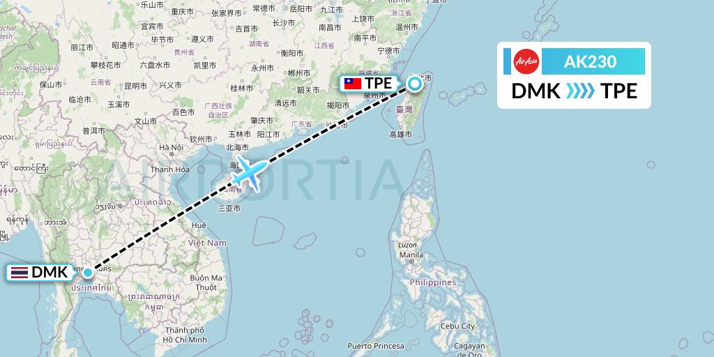 AK230 AirAsia Flight Map: Bangkok to Taipei