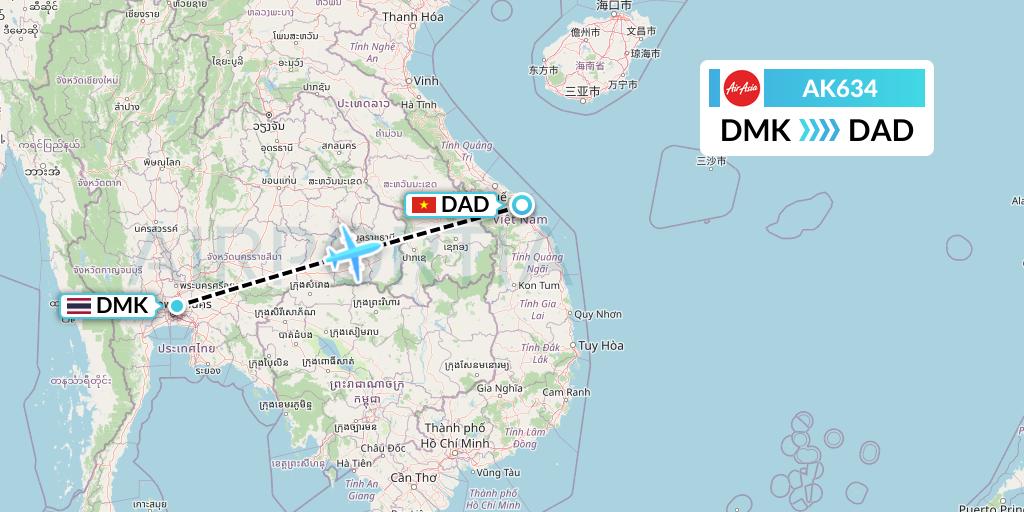 AK634 AirAsia Flight Map: Bangkok to Da Nang