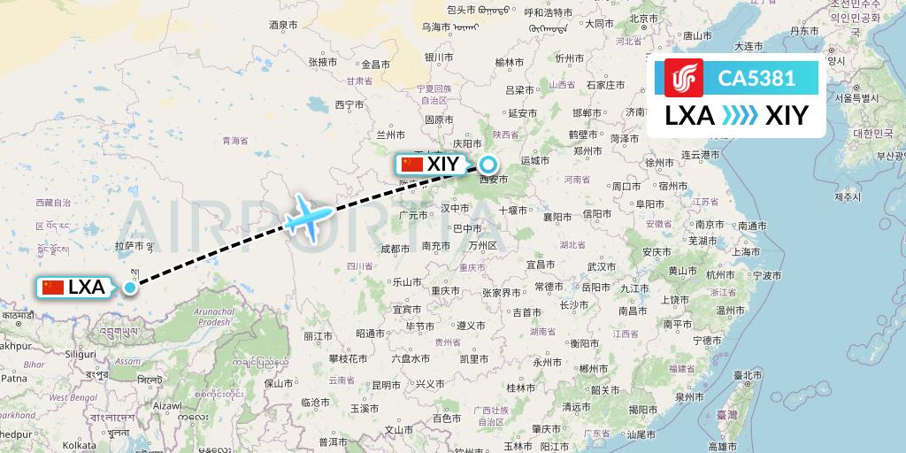 CA5381 Air China Flight Map: Lhasa to Xi'an