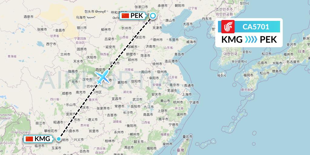 CA5701 Air China Flight Map: Kunming to Beijing
