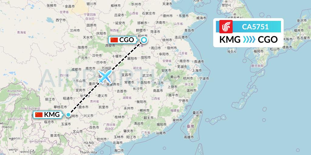 CA5751 Air China Flight Map: Kunming to Zhengzhou