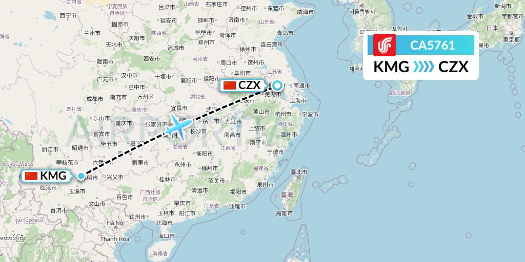 CA5761 Air China Flight Map: Kunming to Changzhou