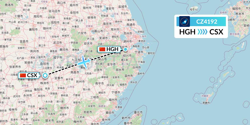 CZ4192 China Southern Airlines Flight Map: Hangzhou to Changsha