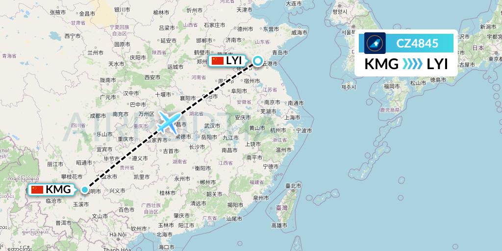 CZ4845 China Southern Airlines Flight Map: Kunming to Linyi