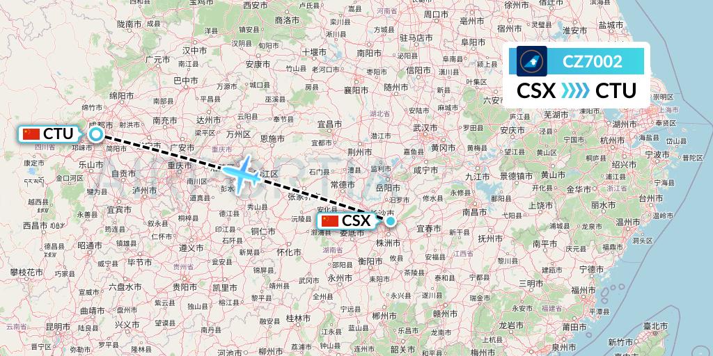 CZ7002 China Southern Airlines Flight Map: Changsha to Chengdu