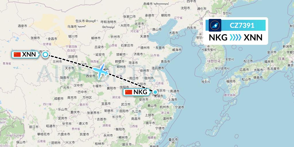 CZ7391 China Southern Airlines Flight Map: Nanjing to Xining