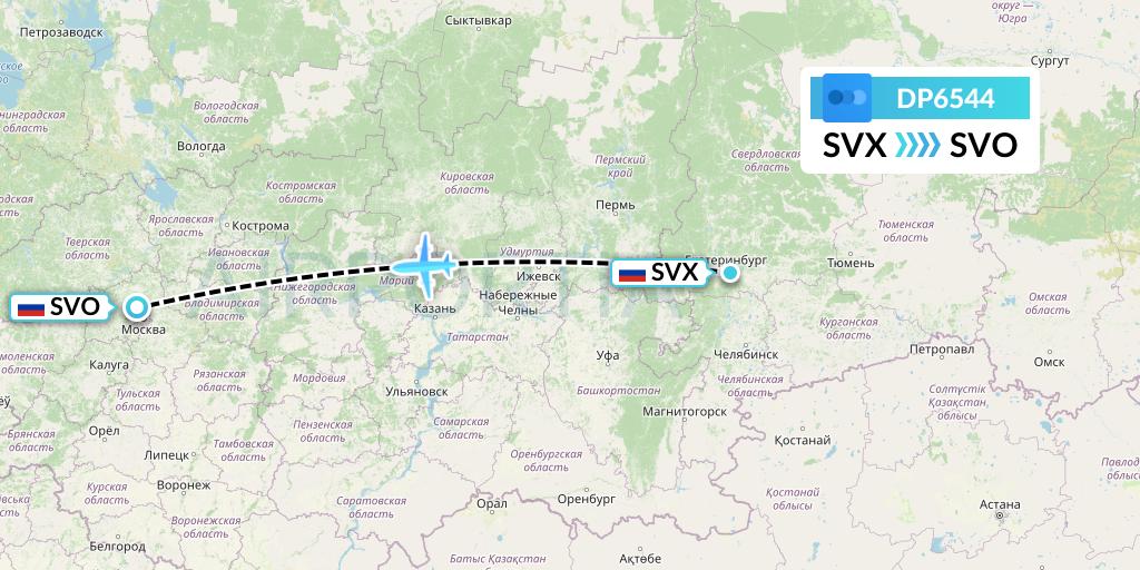 DP6544 Pobeda Flight Map: Yekaterinburg to Moscow