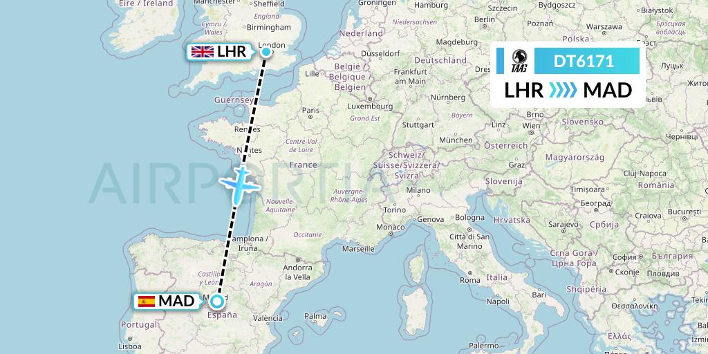 DT6171 TAAG Angola Airlines Flight Map: London to Madrid