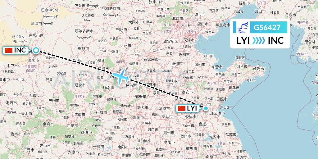 G56427 China Express Airlines Flight Map: Linyi to Yinchuan