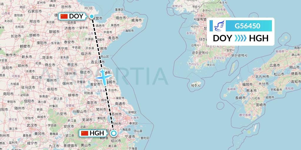 G56450 China Express Airlines Flight Map: Dongying to Hangzhou