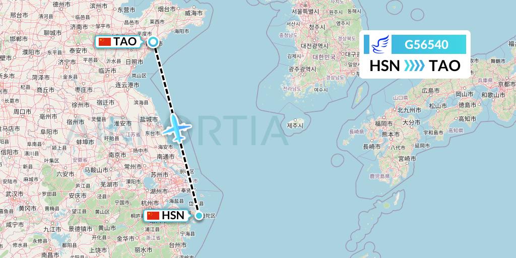 G56540 China Express Airlines Flight Map: Zhoushan to Qingdao