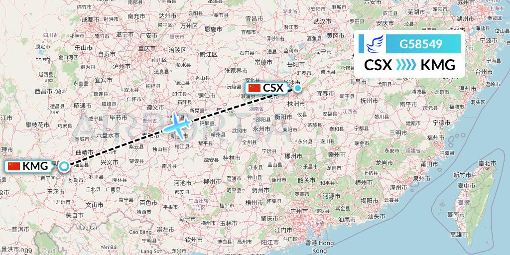 G58549 China Express Airlines Flight Map: Changsha to Kunming