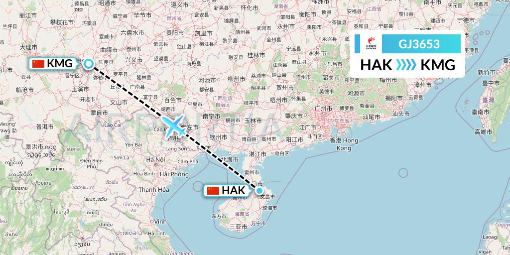 GJ3653 Loong Airlines Flight Map: Haikou to Kunming