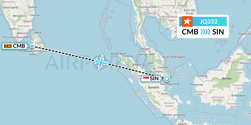 JQ332 Jetstar Airways Flight Map: Colombo to Singapore